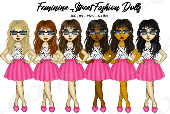 Cute Girls in Retro Pink Fashion Clipart: A Designer's Delight