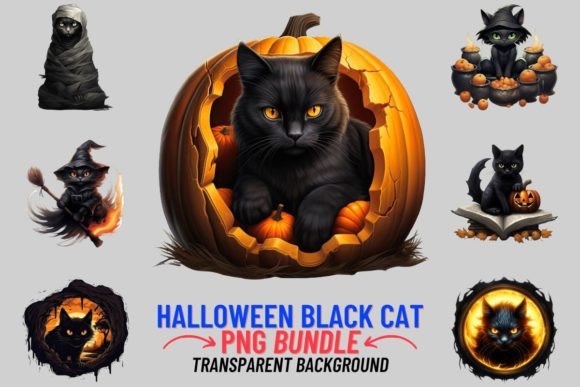 Halloween Black Cats Sublimation Clipart: Spooky Watercolor Designs